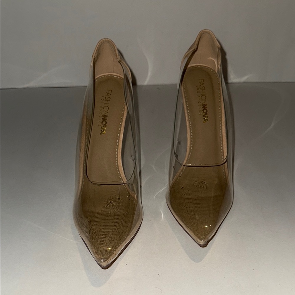 Fashion Nova Tan Stiletto Heels with Transparent Design